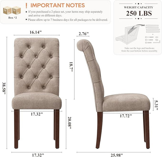 Upholstered Tufted Dining Room Chairs Set of 4, Parsons Kitchen Chairs with Padded Seat and Solid Wood Legs, Fabric Accent Side Diner Chair for Dining Room/Kitchen/Living Room, Camel