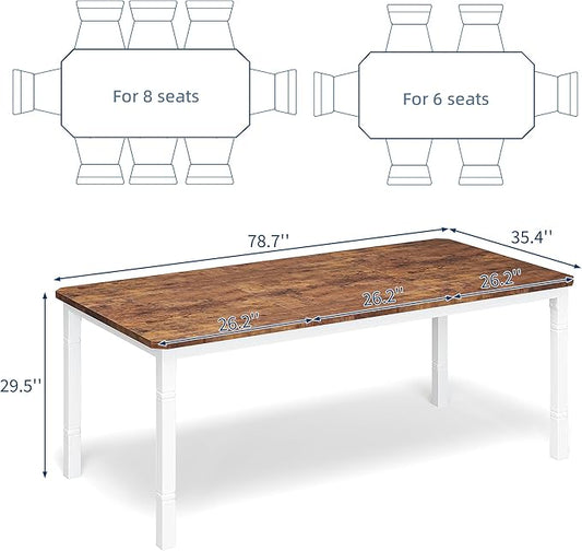 Garvee Large Dining Table for 6-8 People, 79" Wooden Kitchen Table with Sturdy Metal Frame, Dining Room Table for Dining Room, Kitchen, White Leg & Retro