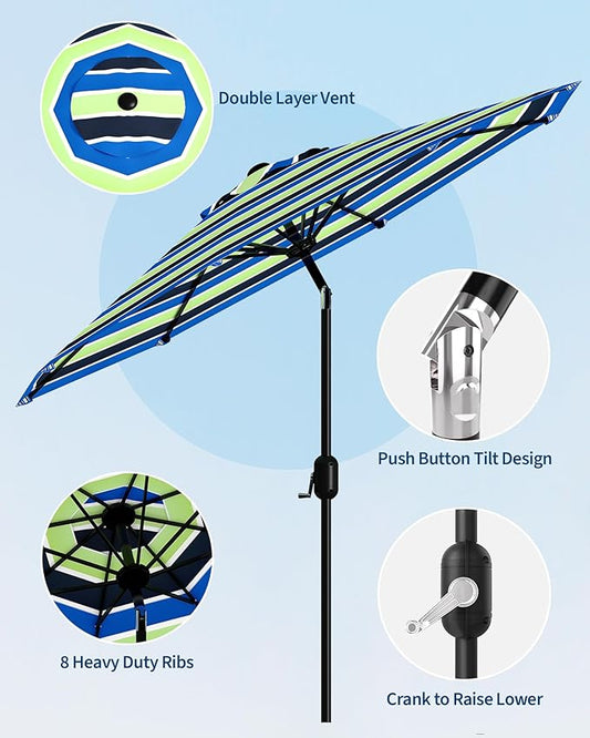 GarveeLife 9 ft Patio Umbrella, Outdoor Table Market Umbrella with Push Button Tilt and Crank, 8 Sturdy Ribs UV Protection Waterproof for Garden, Deck, Backyard, Pool (Yellow-blue-purple striped)