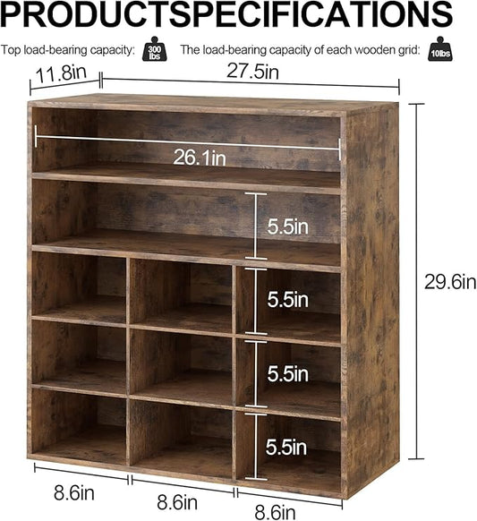 9-Cubby Shoe Rack with 2 Storage Shelf, 3-Tier Wood Shoe Organizer, Multifunctional Shoe Organizer Bench for Entryway, Mudroom, Hallway, Closet, Brown