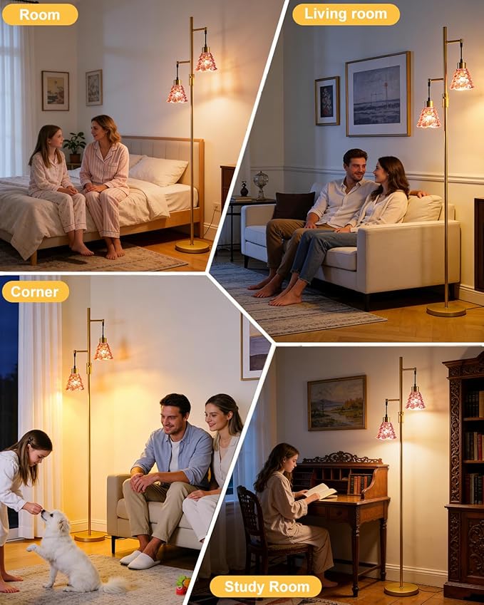 Lightdot 65IN Glass Floor Lamp for Living Room, 2- Light Gold Floor Lamps with Rose Red Glass Shade& 3000K Warm White Bulbs, Modern Standing Tall Lamp for Bedroom/Corner Beside/Home Decor