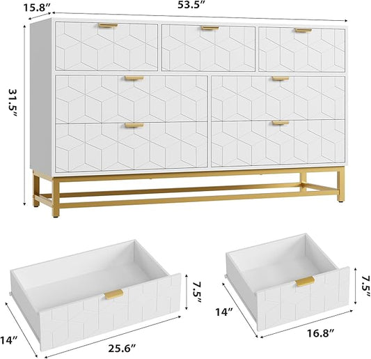 GAOMON Dresser for Bedroom, 53.5" Wide Dresser Organizer, 7 Drawer with Golden Metal Handle and Legs, Modern Chest of Drawers for Closet, Hallway, Living Room, Entryway, White