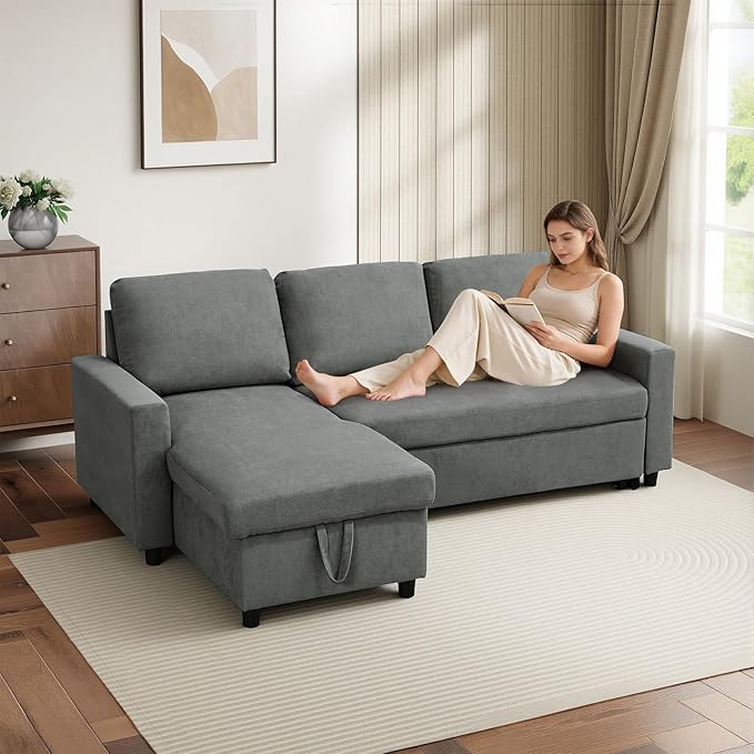 Yafylly L-Shaped Sleeper Sofa with Chaise Lounge & Storage, Pull-Out Couch Bed with Recliner, Full Size Futon for Living Room, Office, Apartment Dark Grey