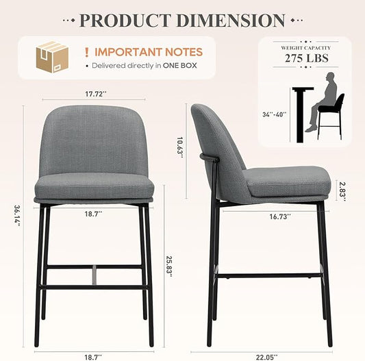 Bar Stools Set of 2, Modern Upholstered Counter Height Bar Chairs with Cushioned Seat and Curved Back, Fabric Kitchen Island Stools with Sturdy Metal Legs for Dining Room Island Bar, Dark Grey