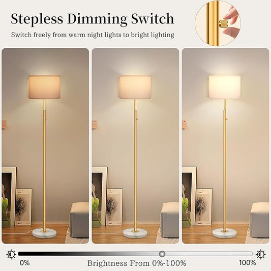 Gold Marble Floor Lamp, Dimmable Tall Standing Lamp with White Linen Shade, 63.7" Modern Gold Floor Lamp for Living Room Bedroom Office, 9W LED Bulb Included