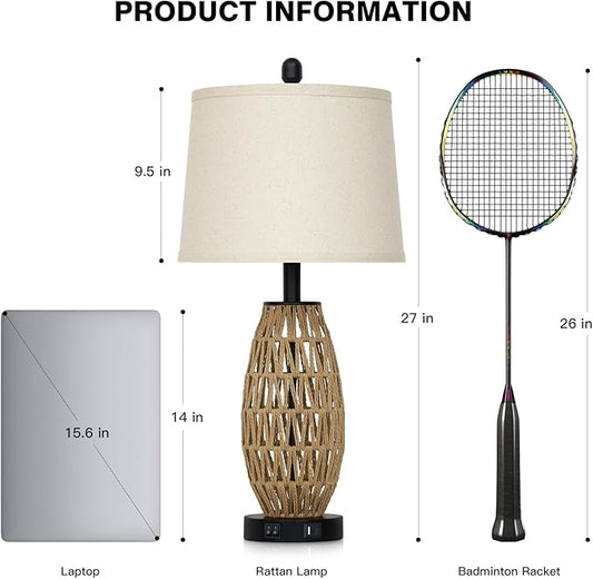27" Boho Rattan Table Lamp with Night Light, Wicker Bedside Lamp with USB A+C Charging Port, Woven Coastal Bedroom Lamps for Nightstand, Tall Farmhouse Lamps for Living Room Single
