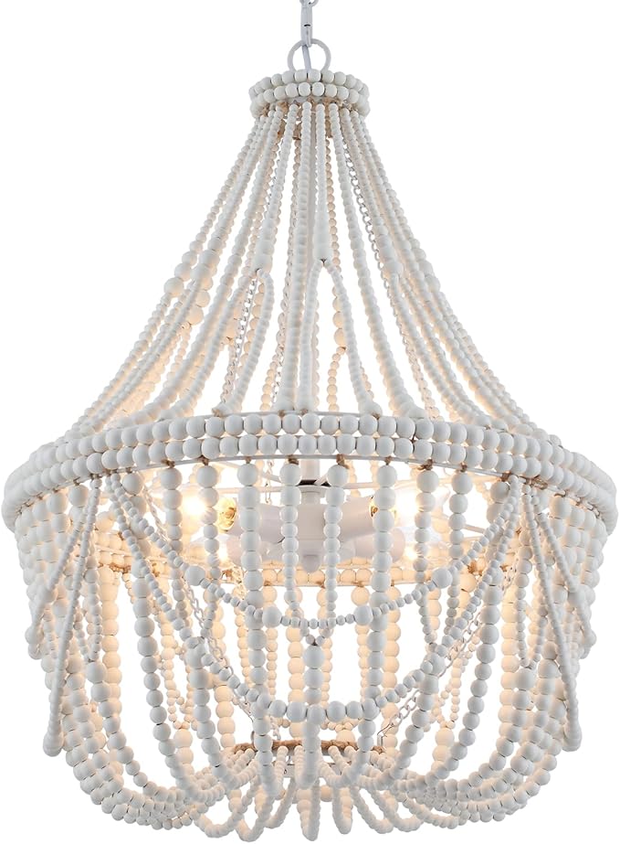 20” Bohemia Large Wood Beaded Chandelier Coastal French Country Chandelier Farmhouse Antique Pendant Light for Living Room Kitchen Island Dining Bedroom, Distressed White, UL Listed