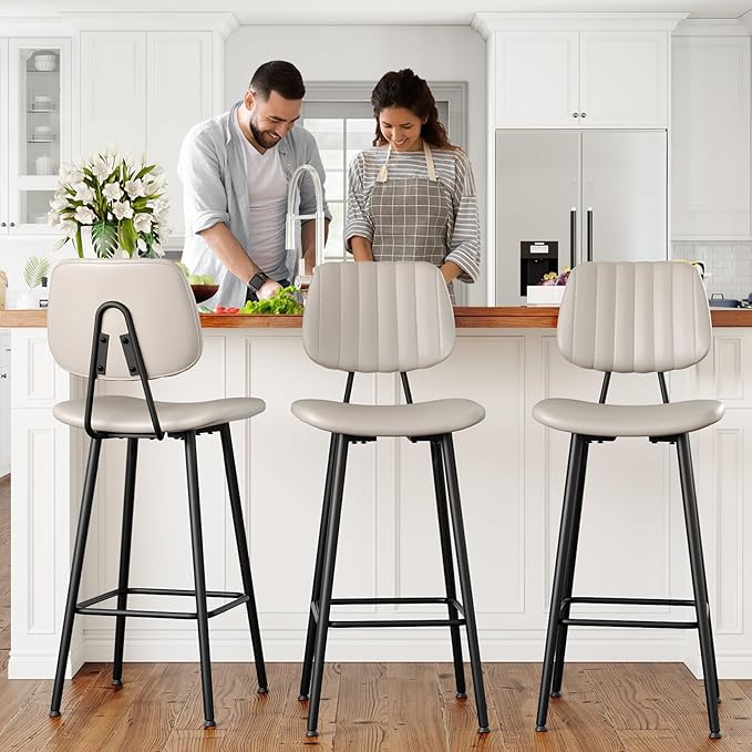 29-Inch Leather Bar Stools Set of 2, Counter Height Barstools with High Backrest,Bar Chairs for Kitchen Island with Heavy Duty Metal Legs, Beige