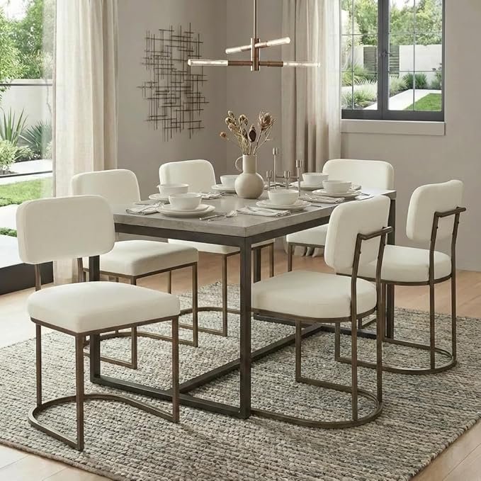 Dining Chairs Set of 4, Upholstered Modern Kitchen Chairs with Ergonomic Backrest, Fabric Cushion & Wire Drawing Curve Metal Legs for Living Room, Restaurant, CafΓ©, Ivory, 2Boxs