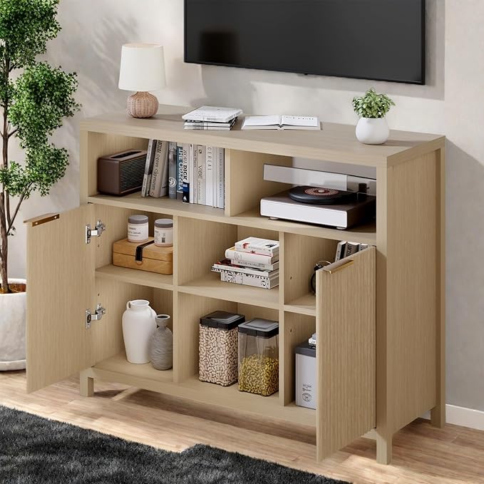 FONTOI Sideboard Buffet Cabinet, Thicken Wood Storage Cabinet with 4 Large Open Shelf, Farmhouse Credenzas with 2 Fluted Doors, Modern Accent Buffet Credenzas for Living Room, Entryway, Natural