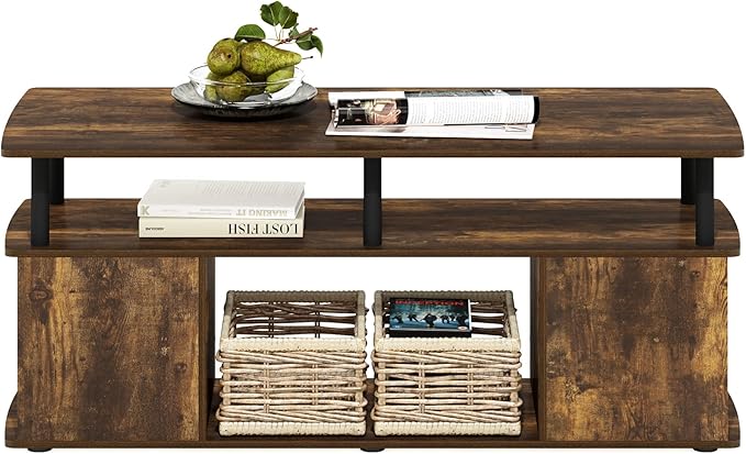 Furinno Jaya TV Stand, 3-Tier Entertainment Center with Open Shelf, TV Console for TV up to 50 Inch with Side Open Storage Compartments, for Living Room, Bedroom, Amber Oak
