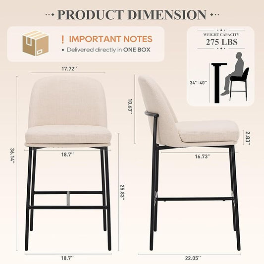 Bar Stools Set of 2, Modern Upholstered Counter Height Bar Chairs with Cushioned Seat and Curved Back, Fabric Kitchen Island Stools with Sturdy Metal Legs for Dining Room Island Bar, Beige