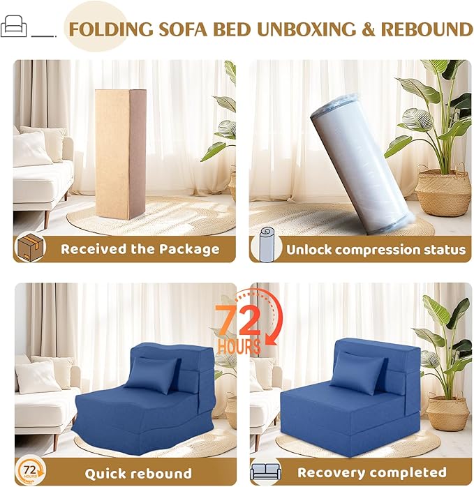 Fvkind Folding Sofa Bed, Foldable Sleeper Chair with Pillow, Convertible Fold Out Chair Bed with Washable Cover, Foldable Mattress for Living Room, Bedroom, Guest Room, Single Size, Blue