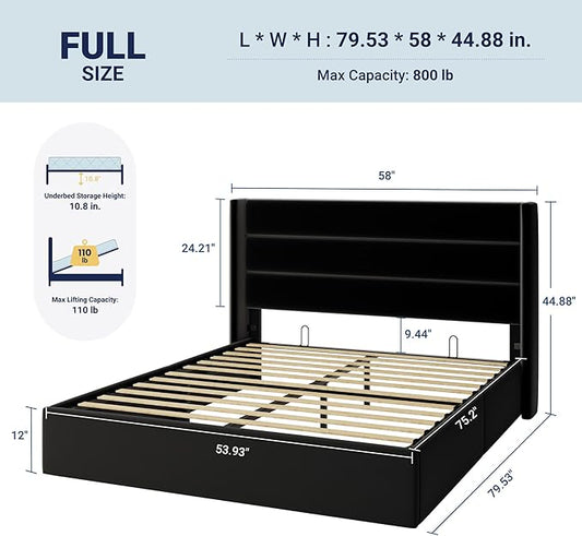 Allewie Full Size Velvet Lift Up Storage Bed, Modern Wingback Headboard, Hydraulic Support, No Box Spring Needed, Black