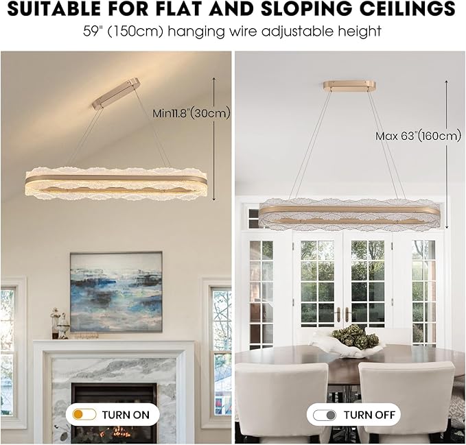 Rectangle LED Chandelier, 𝐋𝟑𝟗.𝟒" Modern Gold Chandelier Light fixture, Height Adjustable Oval chandeliers Contemporary Pendant Ceiling Light for Dining Room Living Room Kitchen Island Bar