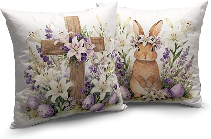 Easter Bunny Throw Pillow Covers 24x24 Set of 2 Watercolor Purple Floral Cross Pillow Covers Spring Lily Flowers Rabbit Farmhouse Decorative Throw Pillows for Home Couch Sofa Bed Porch Decor