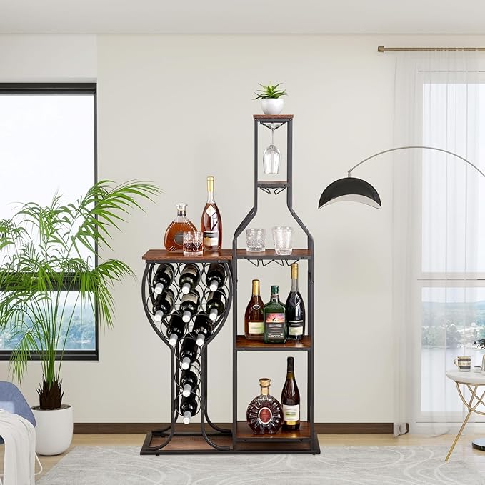 5-Tier Wine Rack Freestanding Floor, 11 Bottles Modern Wooden Wine Holder-Storage Cabinet for Home Bar, Kitchen, Dining Room Space Saving Bar Stand with Easy Assembly.(Brown)