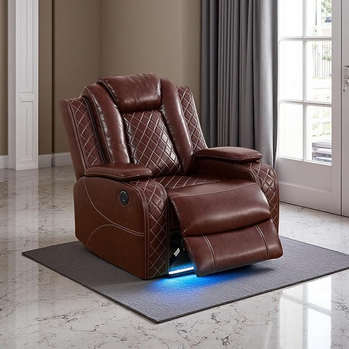 A Ainehome Leather Power Recliner Sectioanl Sofa Set, Living Room Furniture Sets, Power Reclining Sofa, Loveseat and Chair with USB Chargers/Cup Holder for Living Room/Office(A-Brown)