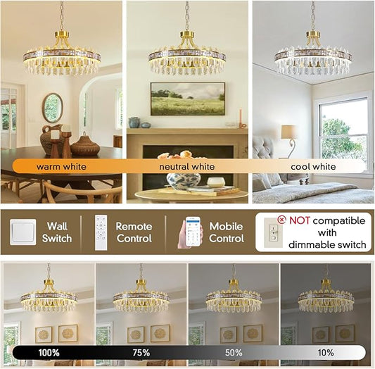 Gold Round LED Crystal Chandelier for Dining Room - 21.6" Luxury 3 Colors Stepless Dimmable Chandeliers,Modern Adjustable Height Pendant Ceiling Light Fixture for Living Room Foyer With Remote Control