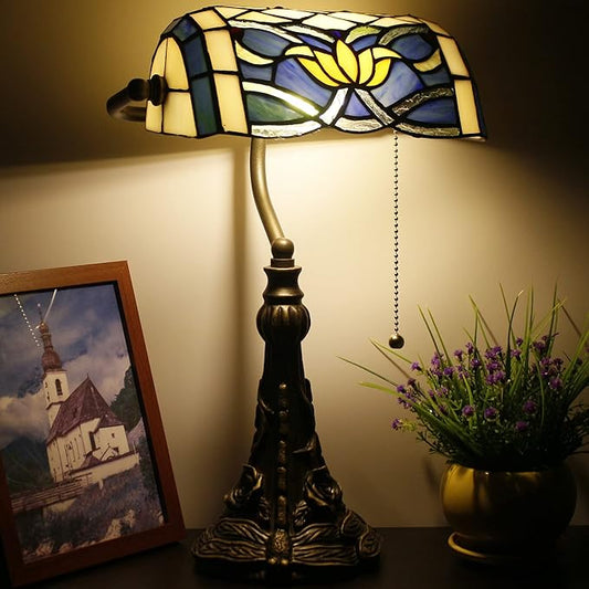 Tiffany Banker Lamp Small Stained Glass Table Lamp Tiffany Style Piano Light Blue Yellow Lotus Style Desk Lamp Angle Adjustable 10.6X15.7 Inch for Home Office Living Room Bedroom