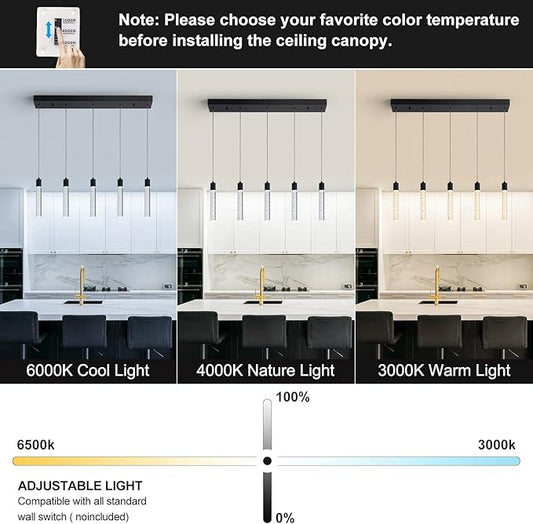 5 Black Pendant Lights Kitchen Island Modern with Adjustable Height - Clear Cylinder Island Lights, 3000-6000K Dimmable Kitchen Pendant Lighting for, Dining Room, Bar Counter