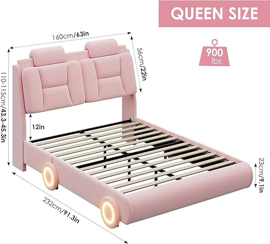 Keyluv Queen Led Car Bed Frame with Wheels Decor & Adjustable Curved Headboard Modern Upholstered Platform Bed with Detachable Pillows Solid Wooden Slats Support No Box Spring Needed, Velvet Pink