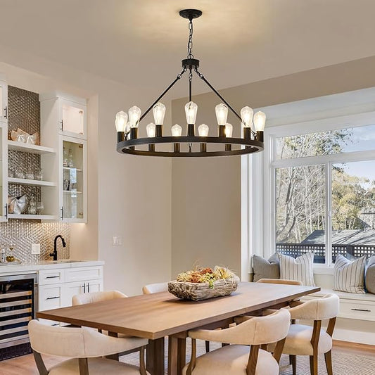NILSE 15-Light Black Wagon Wheel Chandelier, 32" Round Chandelier for Porch, Iron Industrial Chandeliers Light Fixture for Living Room Kitchen Island Foyer Entryway, E26