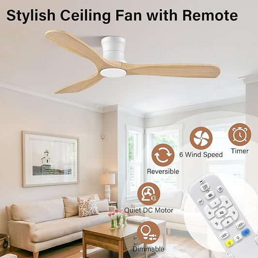 52" Flush Mount Ceiling Fans with Lights and Remote,6 Speeds DC Reversible,Dimmable,Noiseless,White& Light Wood blades Low Profile Ceiling Fans for Bedroom Living Room Patio,Modern Indoor/Outdoor