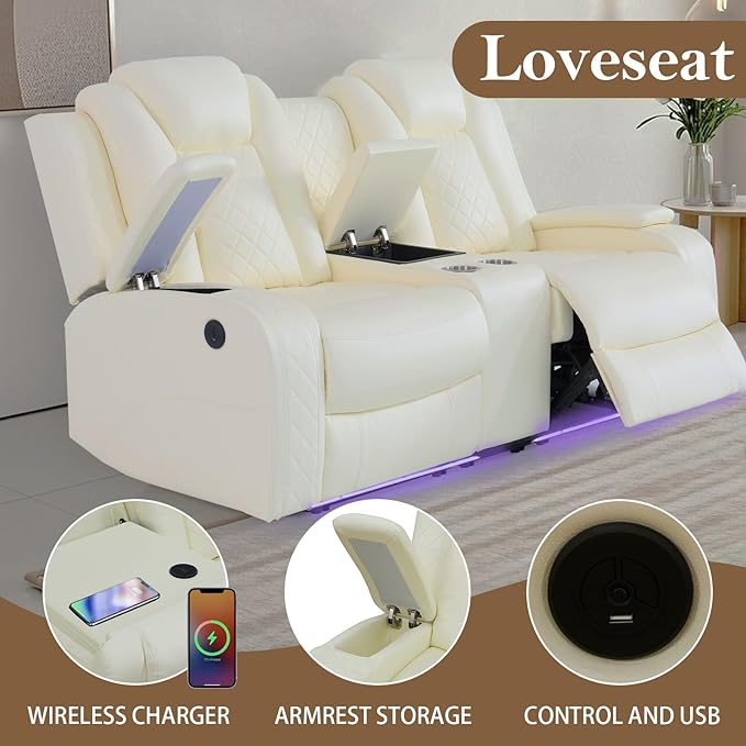 Power Recliner Sofa Sets for Living Room, Leather Recliner Sofa Set with LED Light, Console Storage, Cup Holder for Home Theater Seating(Sofa and Loveseat,Cream)