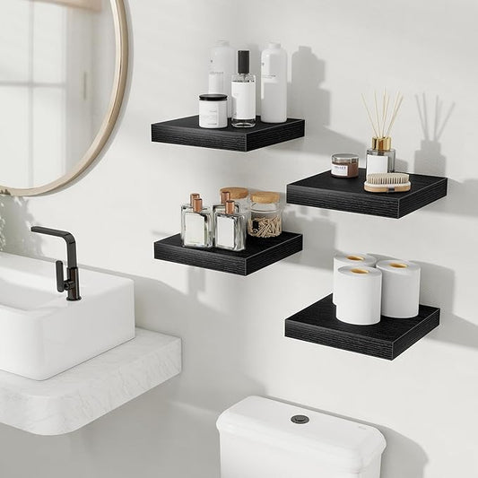 Fun Memories Floating Shelves for Wall, Rustic Wood Wall Mounted Shelves for Bathroom, Bedroom, Living Room & Kitchen, Storage Display Shelves, (Set of 4, Black, 9.3 in)