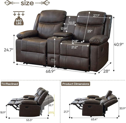 Loveseat Recliner Sofa, PU Leather Sofa Couch, Manual Recliner Loveseat with Console, Double Reclining RV Sofa with Cup Holders and Side Pocket for Living Room/Office/Apartment (Brown) | Heating & Massage, Hidden Drawer