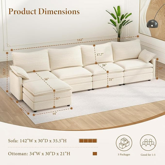 Vesgantti 142" Cloud Couch Sectional Modular Sofa, Comfy Sectional Couch with Ottoman Deep Seat Corduroy L Shaped Sofa, Modular Couches for Living Room, Bedroom and Apartment, Beige | Sink-in Comfort, Height Adjustable, Easy Rearrangement, Extra-deep O...
