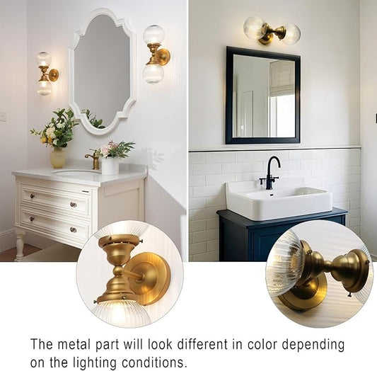 Pathson 2 Lights Striped Glass Wall Sconces, Modern Bathroom Sconces Wall Vanity Light Fixtures Brass Finish, Vintage Wall Sconce Lamp for Living Room Bedroom Farmhouse Lighting