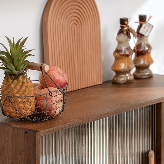 HollyHOME Bamboo Wall Mounted Kitchen Sideboard with 2 Glass Doors and Adjustable Shelves, Freestanding Wall Storage Cabinet with Side Shelf for Bottle, Dish, Bowl, Console Dining Cupboard, Walnut