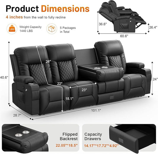 FURNIMAT Recliner Sofa, 4 Seater Dual Reclining Sofa with Flip Back Console, Modern PU Leather Recliner Couch for Living Room/RV, with Storage Drawer, USB Ports, Cup Holder, Cell Phone Holder, Black