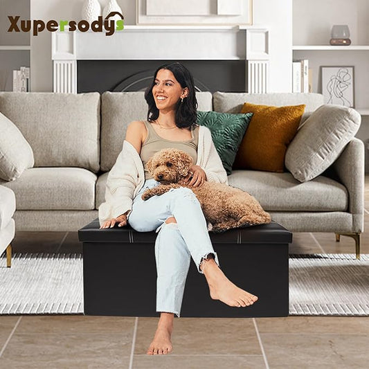 30 Inches Folding Storage Ottoman Bench, Faux Leather Footrest Ottoman, Storage Trunk Footstool for Bedroom, Living Room and Hallway, Support 350lbs, Black (White line)