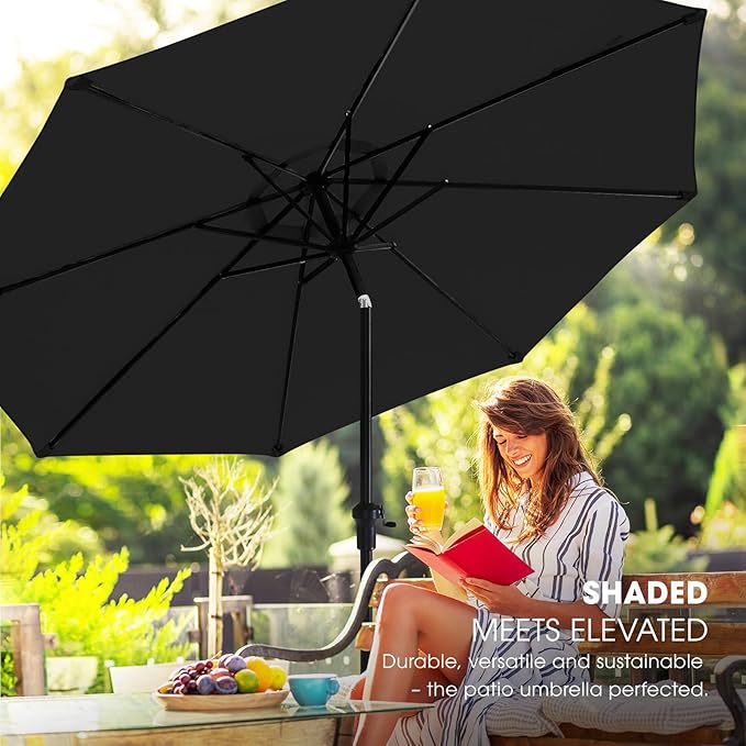 wikiwiki 11FT Patio Umbrella with Base, Outdoor Umbrellas with Base Included, 8 Sturdy Ribs, Waterproof Fade Resistant POLYESTER DTY Canopy for Deck, Lawn, Garden, Backyard & Pool, Black