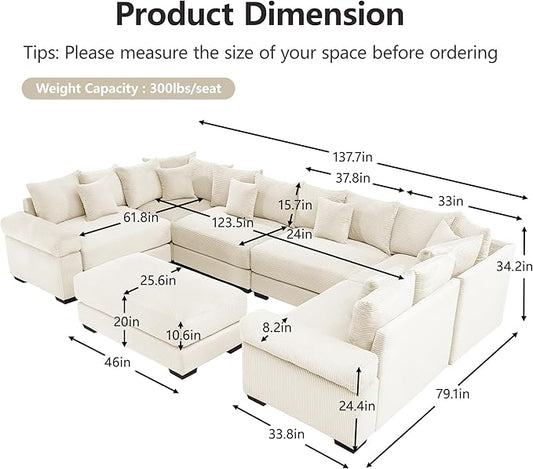 KEIKI 138" U-Shaped Oversized Corduroy Modular Cloud Sectional Sofa with 1 Ottoman, High-Density Foam Cushion, Extra-Thick Armrest, 6-Seater Fluffy Corner Couch with 20 Pillow, for Living Room, Beige