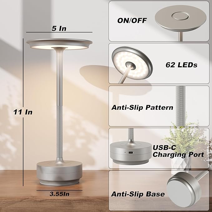 1 Pack Rechargeable Cordless Table Lamps, Portable 5000mAh Battery Table Light, 3 Color Stepless Dimming LED Table Light with Memory Function, for Outdoor/Dinner/Patio/Restaurant.(Silver)