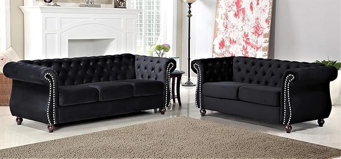 Container Furniture Direct Feinstein Modern Velvet Chesterfield Couches for Living Room with Nailheads, Diamond Tufting & Durable Metal Frame, Loveseat, Black