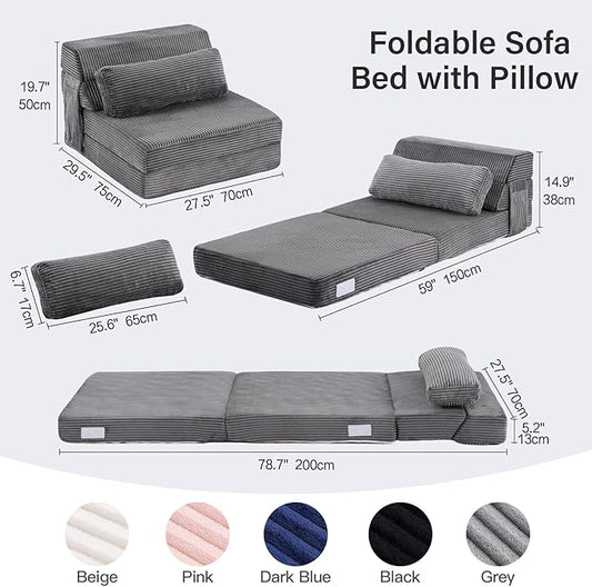 Folding Sofa Bed with Pillow, Convertible Sleeper Chair, Comfy Floor Futon Couch Mattress Lounge Lounge Sofa for Adults Portable Fold Out Chair Bed for Living Room Bedroom, Single, Gray