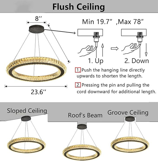 LED Chandelier Modern Dimmable Dining Room Chanderliers Entryway Crystal Ring Pendant Lights for Kitchen Bedroom Living Room Black Light