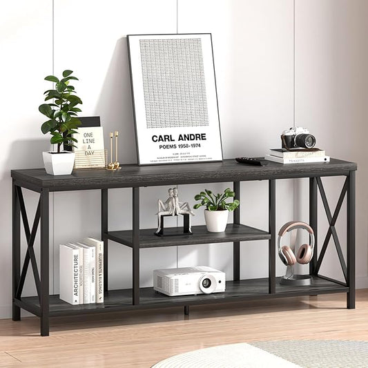 FOLUBAN Modern TV Stand for TV up to 65 Inch, Rustic Wood Entertainment Center with Storage Shelves, Industrial Media TV Console and TV Table for Living Room Bedroom, 55 Inch Dark Gray