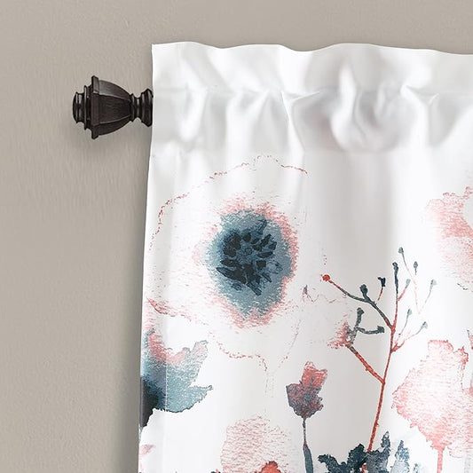 Lush Decor Zuri Flora Room Darkening Valance Curtain Single 52" W x 18" L + 2" Header Blue & Coral - Valances for Windows - Floral Kitchen Curtains