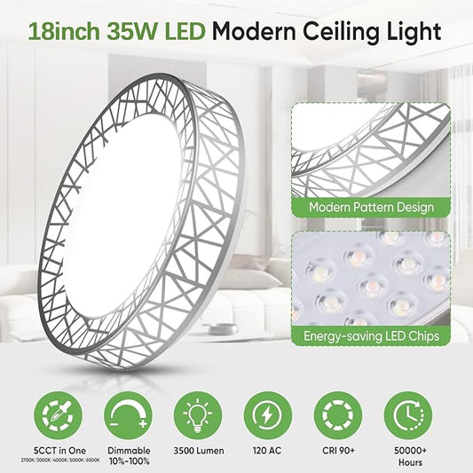 18 Inch Flush Mount Ceiling Light, Modern Brushed Nickel LED Ceiling Light Fixture, 35W 3500LM 2700-6500K Adjustable, Dimmable Ceiling Lights for Bedroom, Kitchen, Hallway, Bathroom, ETL