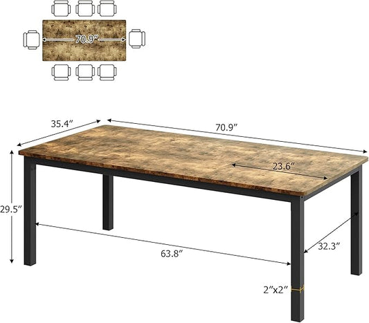 70.9 in Dining Table for 6, Farmhouse Wooden Kitchen Tables for Family, Rectangular Industrial Style Dining Room Table with Sturdy Metal Frame, Long Desk for Restaurant, Kitchen, Office,Retro Brown