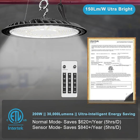 Smart 200W LED High Bay Light 30000LM 5000K UFO High Bay Lighting Motion Activated High Bay LED Lights AC100-277V for Warehouse Barn Remote Included- 10Pack