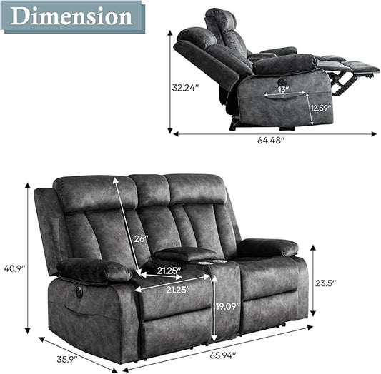 GUEAPY Reclining Loveseat-Power Reclining Loveseat with Console,Double Recliner Loveseat with Heat and Massage,Electric Loveseat Recliner with Cup Holders,USB & Type-C Charge Ports for Living Room,RV