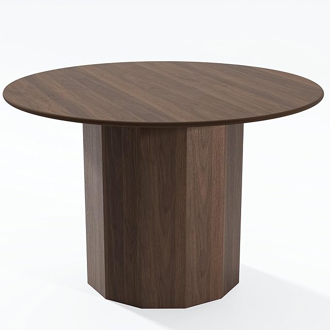 Casaphoria 46" Round Dining Table, Modern Wood Kitchen Table with Cylinder Polygonal Base for Living Room & Dining Room, Easy Assembly Farmhouse Furniture for 4-6, Walnut
