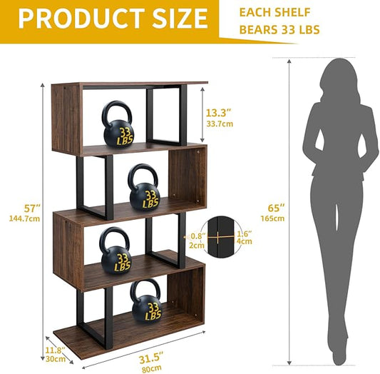DWVO Geometric Bookshelf, 5-Tier Bookshelf S-Shaped Bookshelves, Industrial Geometric Bookcase Freestanding Multifunctional Storage Shelving for Living Room Home Office, Retro Brown